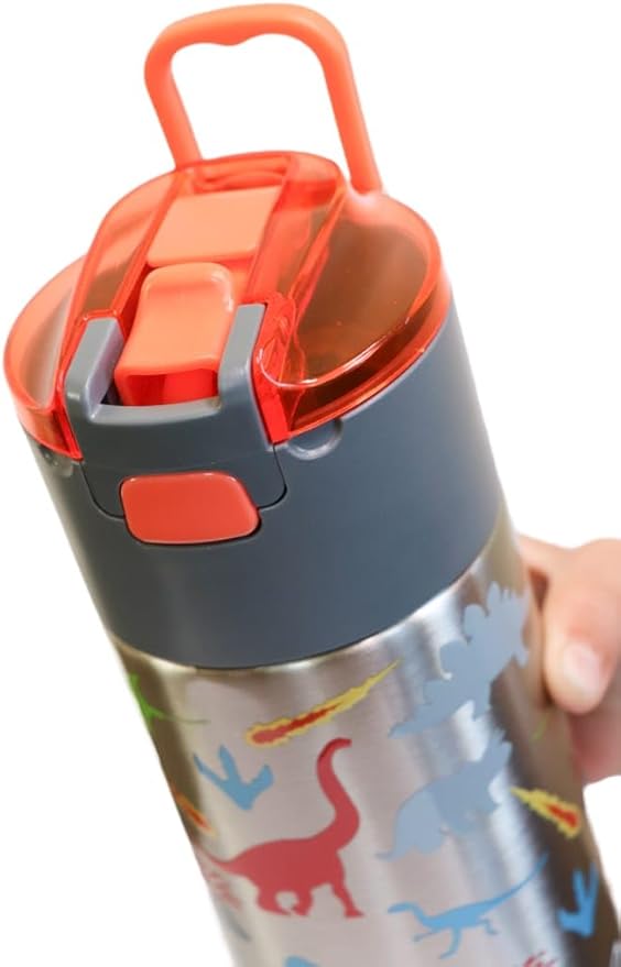 Kids insulated water bottle with straw and snack cup. Double wall stainless steel 14oz (orange and gray dinosaur)