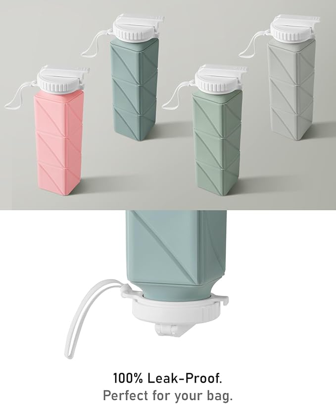 Opard Collapsible Water Bottles 21 Oz - BPA Free, Leak Proof, Foldable Silicone Collapse Water Bottle with Straw, Easy to Compact and Expandable, Travel Essentials Accessories (Blue)