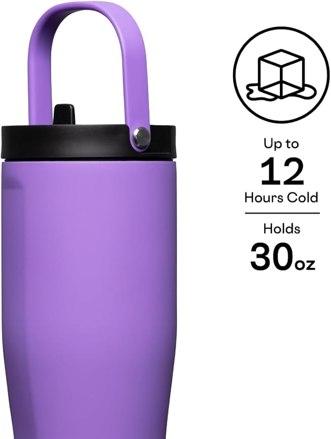 Corkcicle Go Cup XL Insulated Tumbler with Lid and Straw, Varsity Purple, 30 oz – Reusable Water Bottle Keeps Beverages Cold for 12hrs – Cupholder Friendly Tumbler, Leak-Proof Design