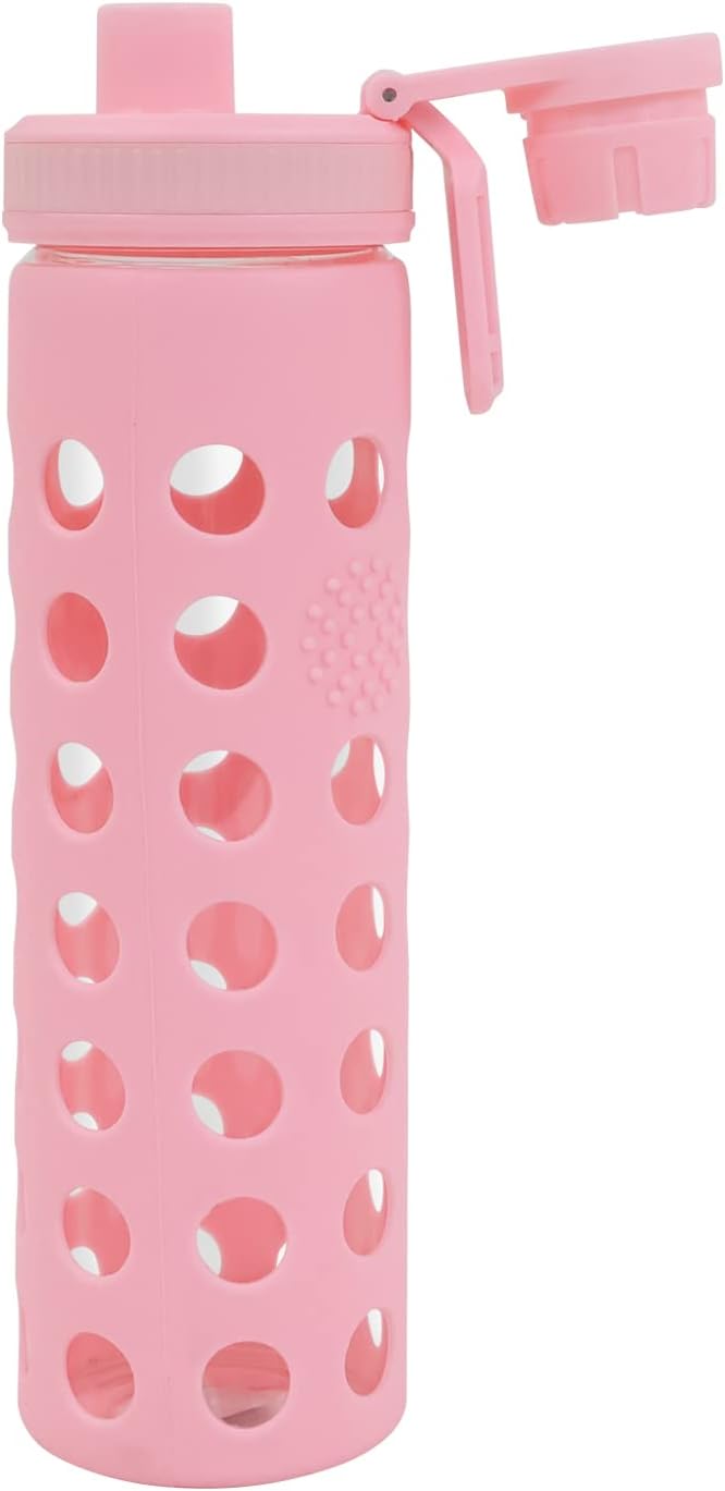 Modern-Depo 20oz Clear Glass Water Bottles Extra Lid Odor Proof and Stain Resistant Wide Mouth Reusable Fitness Sports Bottle with Sleeve, Motivational Water Jug, Pink