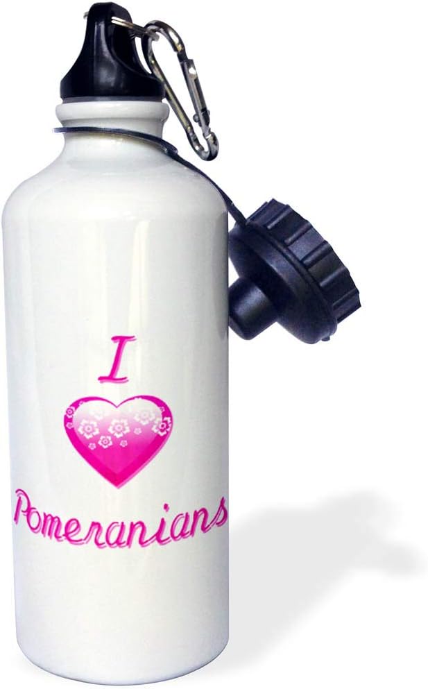 3dRose "Pretty Pink Flowery I Love Pomeranians" Sports Water Bottle, 21 oz, White