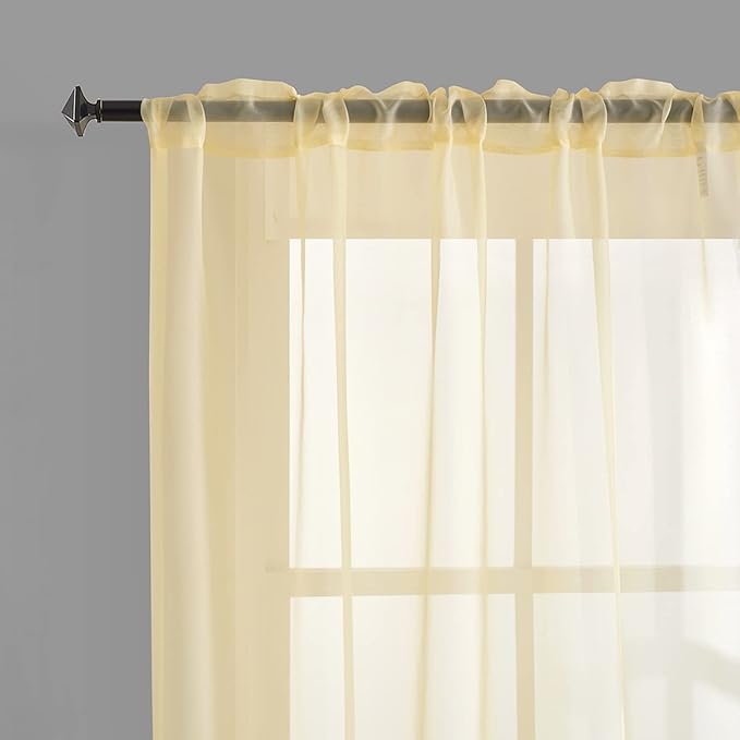 Light Yellow Sheer Voile Curtains Translucent Solid Color Window Treatment 63 Inch Length Panels Rod Pocket Light Yellow Sheers for Bedroom Living Room 2 Panels 52x63