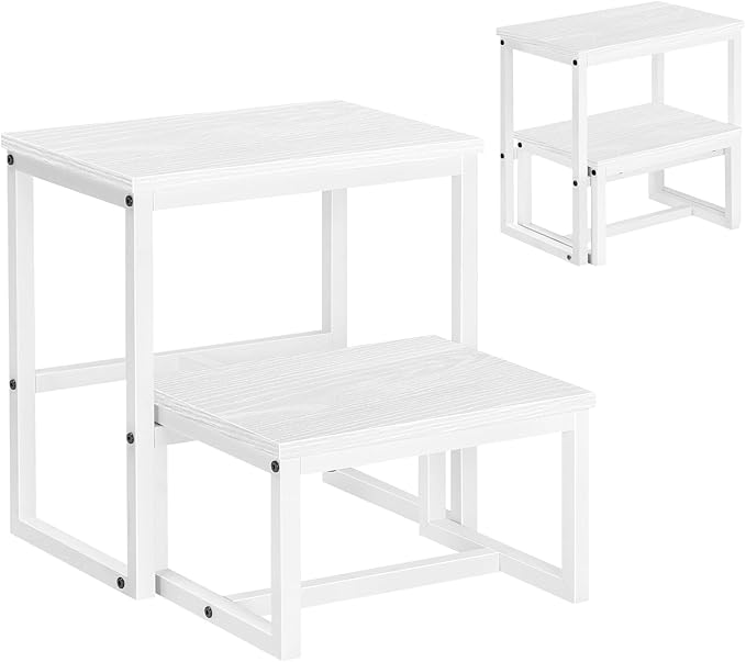 LIANTRAL Step Stools for Adults Kids, 3 in1 Heavy Duty Sturdy Two Step Stool, Supports Up to 500lb, Wooden Board Metal Frame, Foot Stool for High Bed Kitchen Bathroom - White