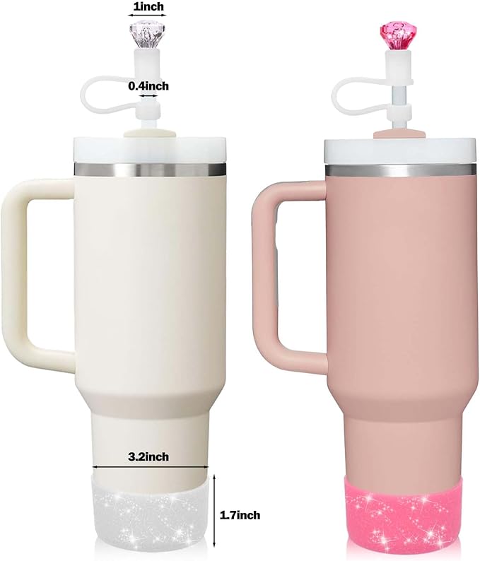 Mity rain Set for Stanley Cup Accessories, Including 2Pcs Diamond Straw Topper, 4 Pcs Silicone Spill Proof Stopper, 2Pcs Protective Glitter Silicone Boot, Pink and White Set for Stanley Cup 40/30 OZ