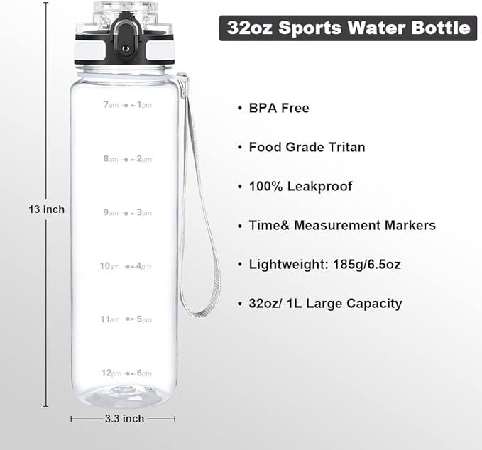 OLDLEY 32 oz Water Bottle, Motivational Water Bottle with Time Marker, Sports Water Bottle With Strap, Leakproof & BPA Free Large Water Bottles for School, Gym, Travel, Outdoor, Tritan, Transparent