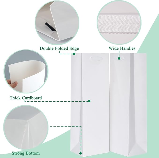 KEYYOOMY Wine Gift Bags - 10 Pack White Kraft Paper Wine Bottle Gift Bags with Handles for Wedding Birthday Housewarming Christmas Party Supplies(10CT,13.8x4.3x3.5 IN,White)