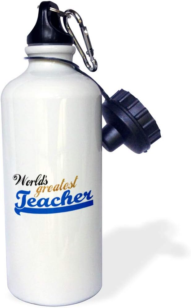 3dRose "Worlds Greatest Teacher blue and gold text-unisex or for males-School Teacher appreciation gifts" Sports Water Bottle, 21 oz, White