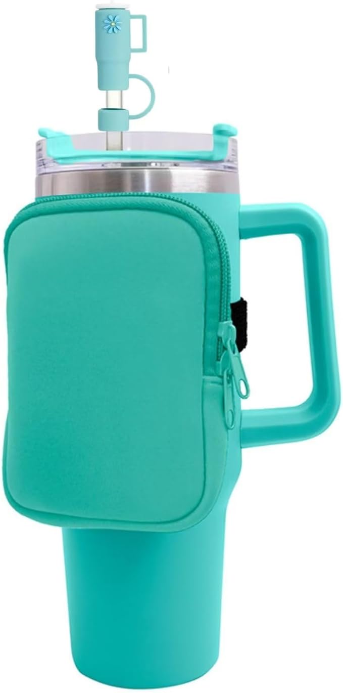 Silicone Water Bottle Pouch with Straw Covers - Water Resistant Drinking Tumbler Pouch with Zipper Compartment, Outer Storage Pocket - Fits Up to 40 Oz Jugs, Green