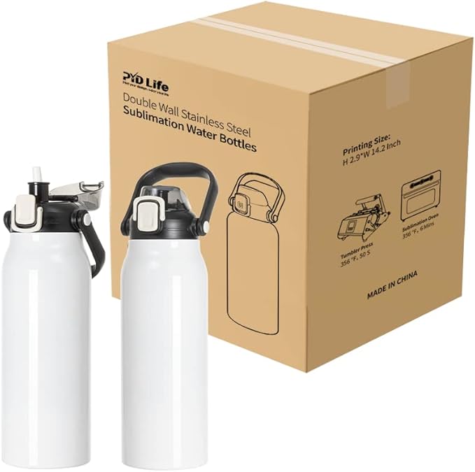 PYD Life Sublimation Water Bottles Vacuum Flasks 57 OZ White with Portable Sippy Up Lid and Straw Large Stainless Steel Travel Tumblers Cups Mugs for Tumbler Heat Press 2 Pack