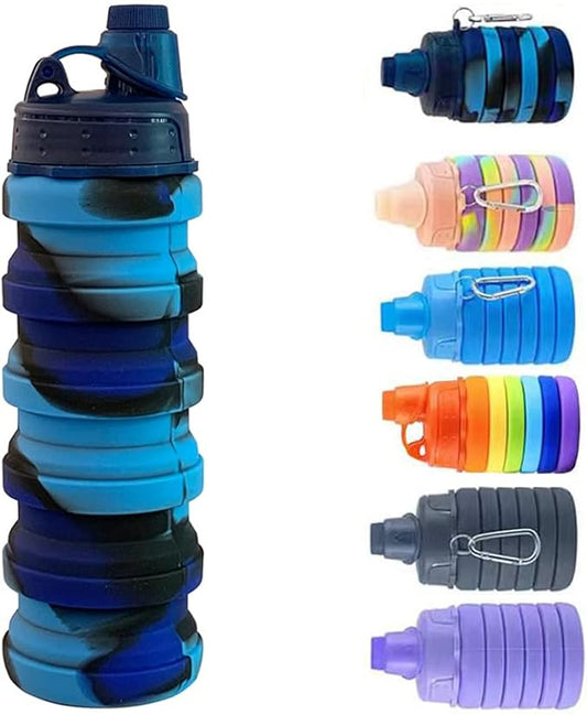 Collapsible Water Bottle Travel Water Bottle Portable Hiking Water Bottle with Leak proof Twist Cap 500ML Reusable BPA Free Silicone Water Bottles (Style1, Blue camouflage)