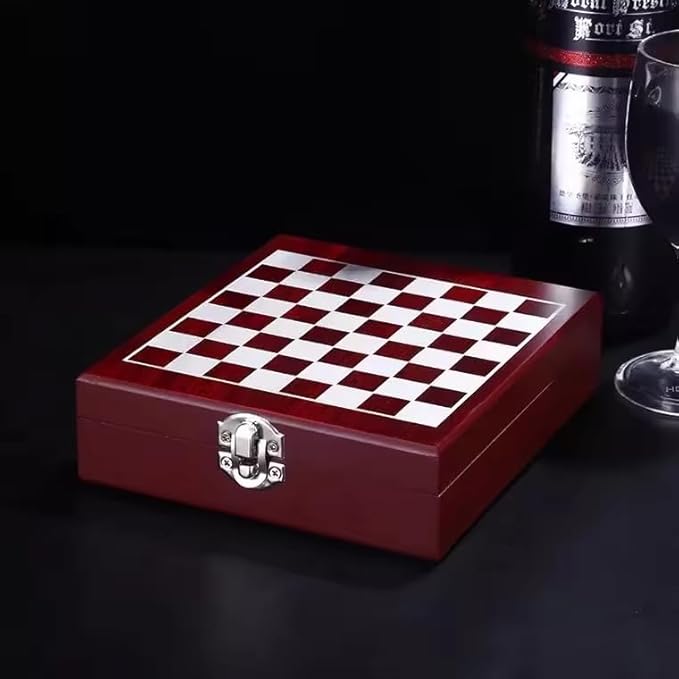 Wine Bottle Opener Tool Set – Chess Board Game – Wooden Box Wine Set – Luxury Wine Accessory Set – Stylish Gift Box – Gift – Gift Idea – Gift for Man – Gift for Friend – Birthday Gift, Brown