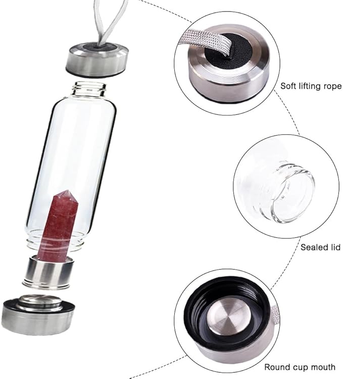 Crystal Glass Water Bottle,Water Bottle With Gemstone Center Crystal Elixir Bottle,Removable Gemstones Creative Water Cup Crystal Column Magic Wand Energy Cup for Gifts (U-Strawberry Crystal)