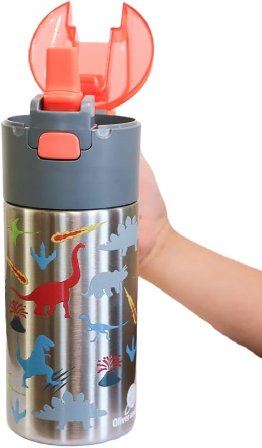 Kids insulated water bottle with straw and snack cup. Double wall stainless steel 14oz (orange and gray dinosaur)