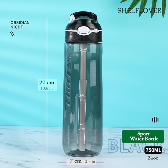 SHELFLOVER Black Water Bottle With Narrow Straw, BPA FREE Clear Bottles With Handle One Hand Use Easy Carried, Flip Up, Suit School, Office, Gym, Office, 24oz (750ml), SLWB24OZP