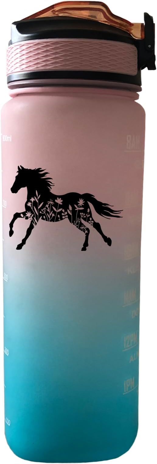 Floral Horse 32 oz Water Bottle with Times Marker to Drink and Straw, Carrying Strap, Leakproof Tritan BPA-Free, Ensure You Drink Enough Water for Fitness, Gym, Camping, Outdoor Sports