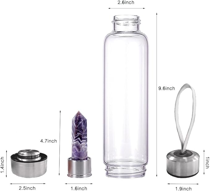 Crystal Glass Water Bottle,Water Bottle With Gemstone Center Crystal Elixir Bottle,Removable Gemstones Water Cup Crystal Column Magic Wand Energy Cup for Gifts (R-Dream Amethyst)