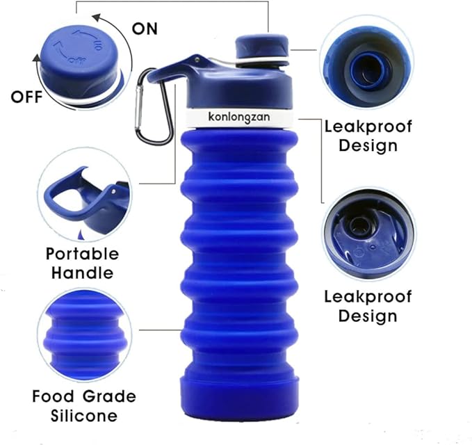 Collapsible Water Bottle Silicone Foldable Water Bottles Travel Water Bottles 550ml with Carabiner, Portable Sport Water Bottles for Camping,Hiking Sport. (Dark Blue)