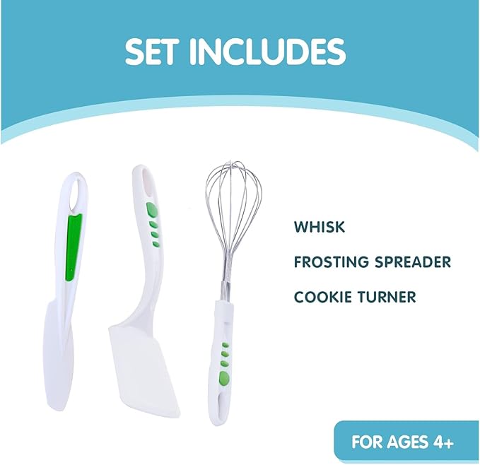 Curious Chef 3-Piece Baking Tool Set for Kids and Toddlers, Stainless Steel Whisk, Nylon Frosting Spreader and Cookie Turner, Real Kitchen Kit