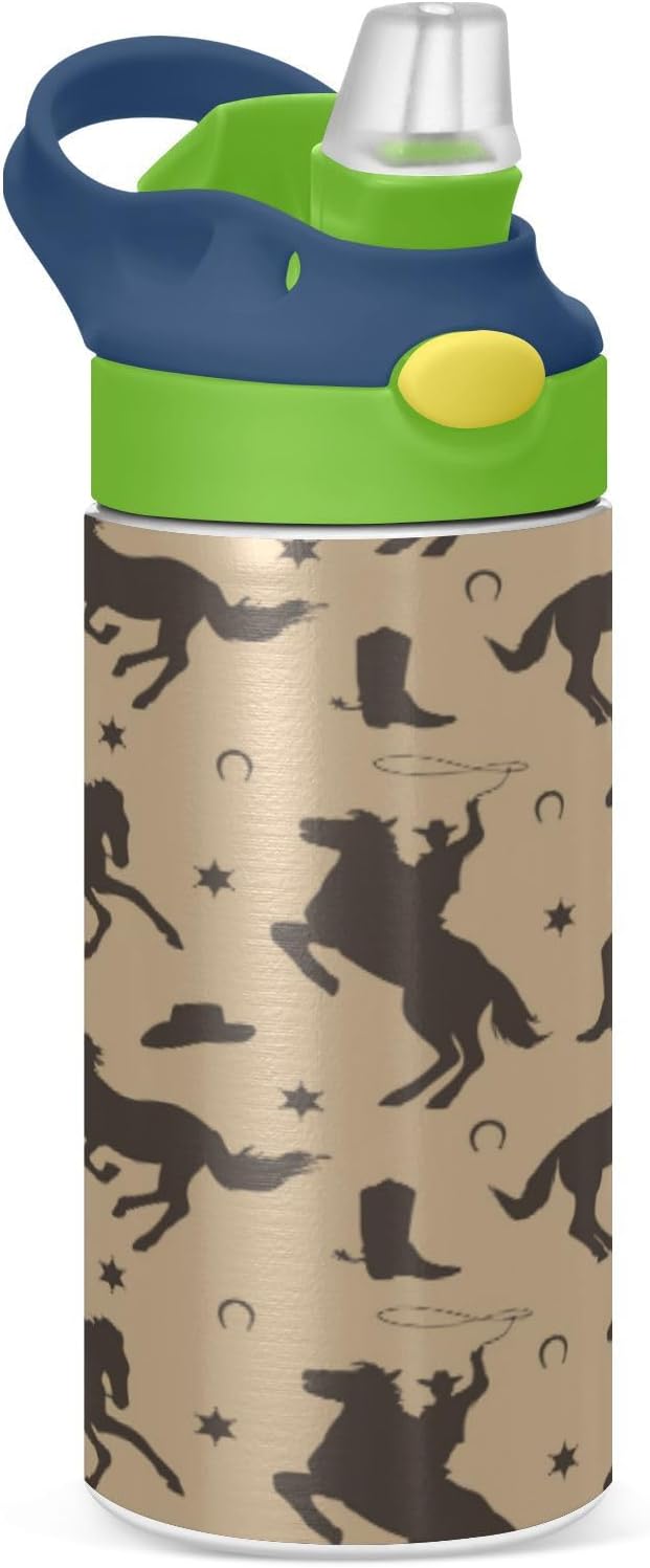Cowboy Kids Water Bottle with Straw Male Black Horses Insulated Stainless Steel BPA-Free Sport Bottles for Boys Girls Toddlers 12 oz Green Lid