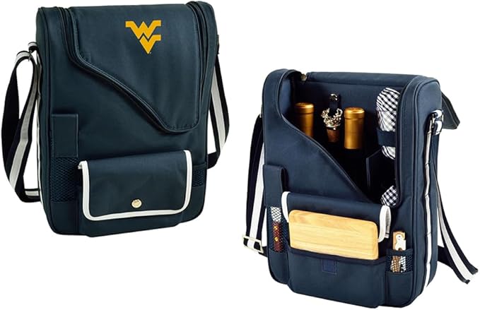 West Virgina University Licensed Mountaineers Deluxe Wine Carrier with Wine Glasses and Accessories for Two Assembled & Quality Approved in The USA