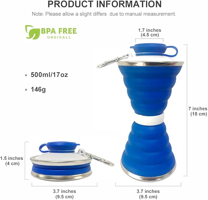 Collapsible Water Bottle, Camping Cup With Carabiner, Reuseable Silicone Foldable Leak Proof Portable Sports Travel Water Bottles For Outdoor, Travel Gym Hiking, BPA Free, Cycling Cups with Carabiner