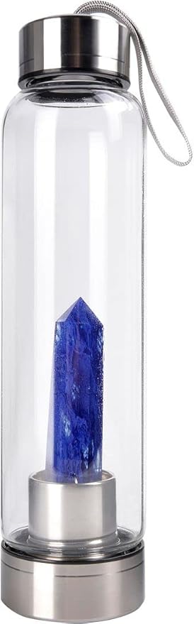 Crystal Glass Water Bottle Energy Quartz Gemstone Water Bottle with Changeable Natural Crystal Center for Healing and Wellness Blue Fused Crystal