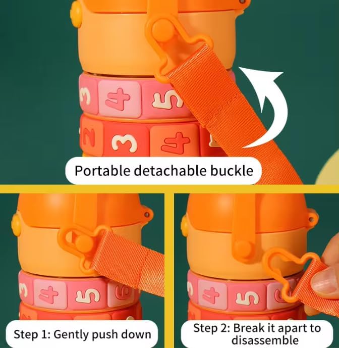 Numbers and Maths Symbols Design Kids' Water Bottle with Straw for School or Travel; 15oz (430ml) Stainless Steel water Bottle; Portable Handle with Detachable Buckle (Orange), CZMX-30031