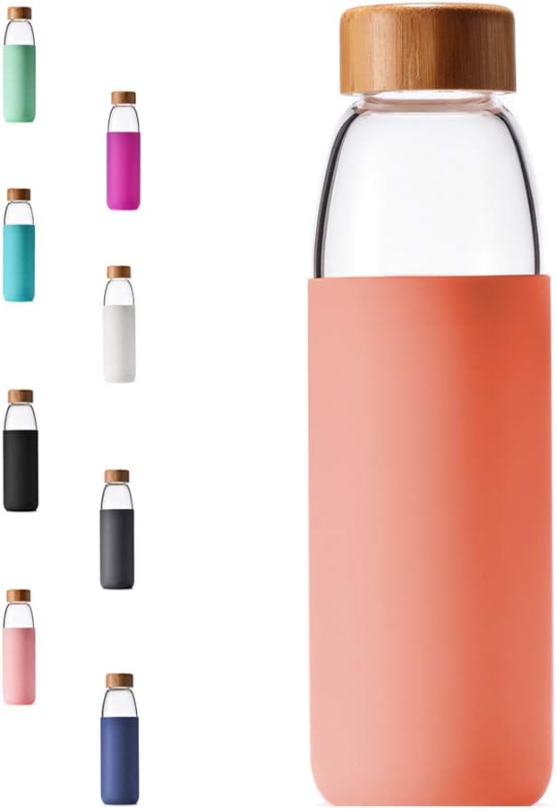 veegoal Glass Water Bottles 18 Oz Borosilicate with Bamboo Lid, BPA-FREE, Non-Slip Silicone Sleeve, and Stainless Steel Leak Proof Lid - Glass Water Bottle for Men and Women