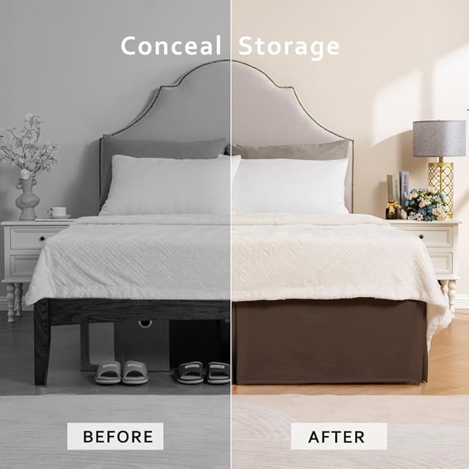 MIYE Pleated Waffle Weave Bed Skirt, Tailored Dust Ruffle 14 Inch Drop Easy Fit, Machine Washable (Brown, King - 14" Drop)