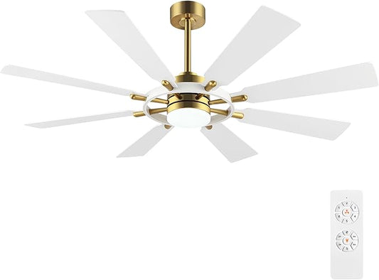 60" Ceiling Fan with Lights and Remote Control, Wood 8 Blades 6-Speed Noiseless Reversible DC Motor, Modern Large Ceiling Fan for Office Bedroom Dining Living Room, Gold Finish+White