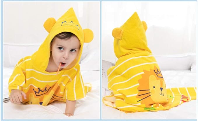 TONWHAR Kids Bath/Pool/Beach Hooded Poncho Towel-Cartoon Animal Pattern Cotton Beach Towel for Baby and Kids (Lion, 1-4 Years/Height:33.4"-43.3")