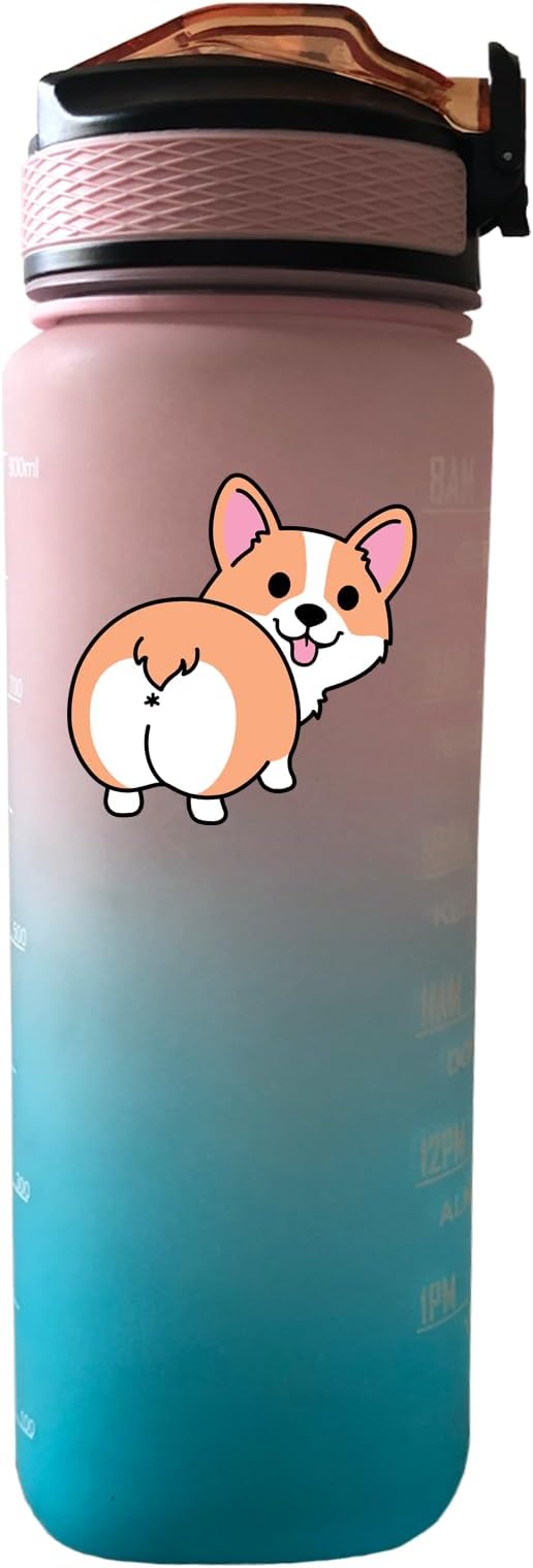 Corgi Butt 32 OZ Drinking Water Bottle with Times to Drink and Straw, Motivational with Carrying Strap, Leakproof BPA & Toxic Free, Ensure You Drink Enough Water for Fitness Gym Outdoor