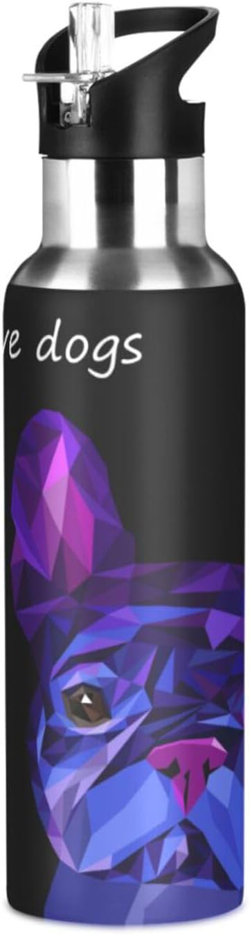 ALAZA Dog Cute Pet Animal Bulldog Water Bottle With Straw Lids Boys Girls,Vacuum Insulated Leakproof Stainless-Steel Sports Bottle Thermal Flask For Gym Yoga Camping,20Oz (600Ml)