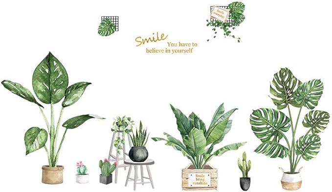Green Plants Wall Stickers - SHCHA Tropical Plants Removable Wall Decals for Family Living Room Background Wall Decoration Kids Bedroom Kitchen Office Nursery Room Potted Wallpaper
