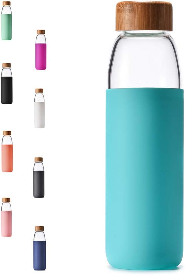 veegoal Glass Water Bottles 18 Oz Borosilicate with Bamboo Lid, BPA-FREE, Non-Slip Silicone Sleeve, and Stainless Steel Leak Proof Lid - Glass Water Bottle for Men and Women