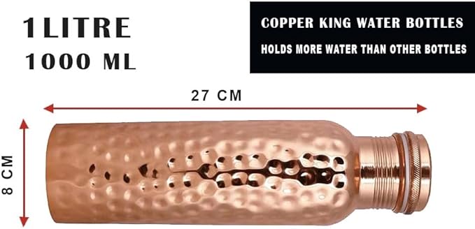 CopperKing Hammered Infused Ayurvedic Pure Copper Water Bottle for Drinking 34oz - 1 Liter | Best Use for Gym, Office, School - Collage, Yoga, Sports Mens and Women