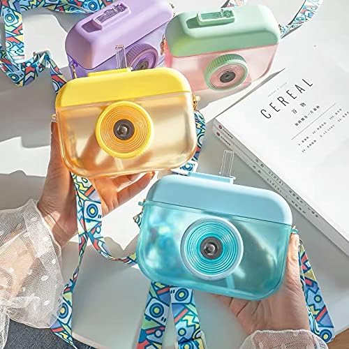 Camera Bottle Travel Cup with Straw Birthday Party Gift Ice Drinking Water Bottle Mug with Strap Picnic (camera yellow, 400 ml)