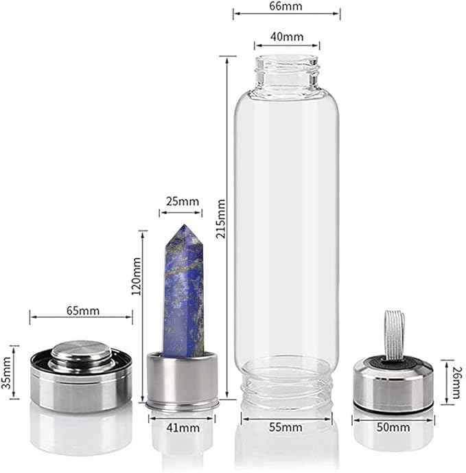 Crystal Glass Water Bottle Energy Quartz Gemstone Water Bottle with Changeable Natural Crystal Center for Healing and Wellness Lapis Lazuli