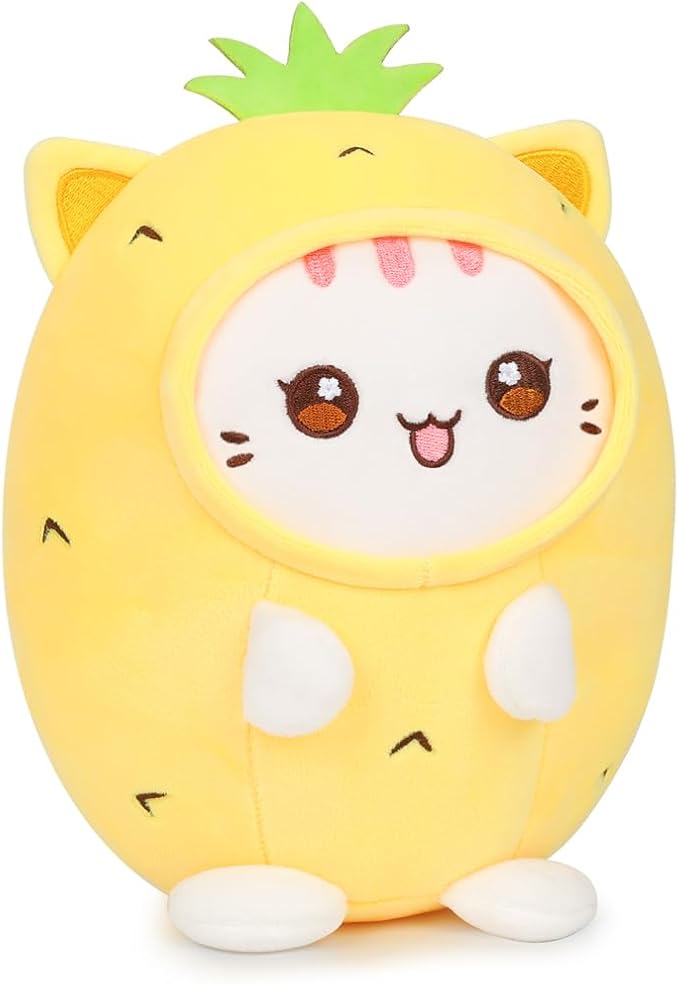 Cute Plush Pineapple Cat Stuffed Animal Pillow, 8" Soft Kawaii Kitten Plushie with Pineapple Outfit Gift for Kids