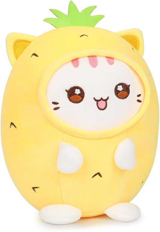 Cute Plush Pineapple Cat Stuffed Animal Pillow, 8" Soft Kawaii Kitten Plushie with Pineapple Outfit Gift for Kids