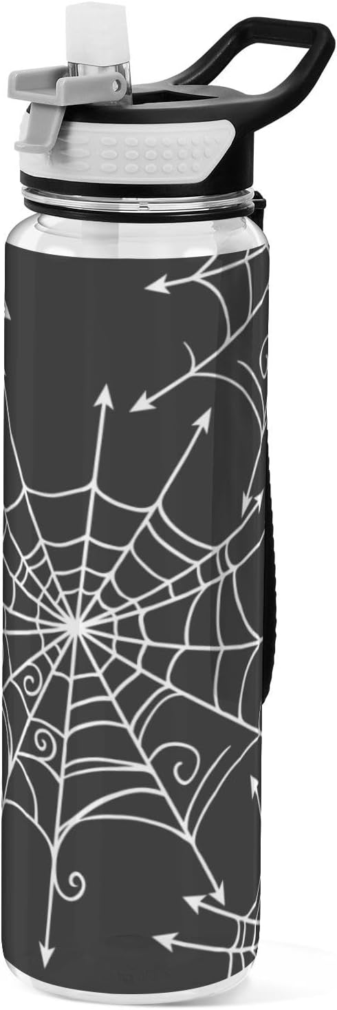 Water Bottle with Straw Spiderweb Halloween Sports Bottles BPA-Free Tritan Black Water Jug with Carrying Strap for Women Men Gym Outdoor Sports