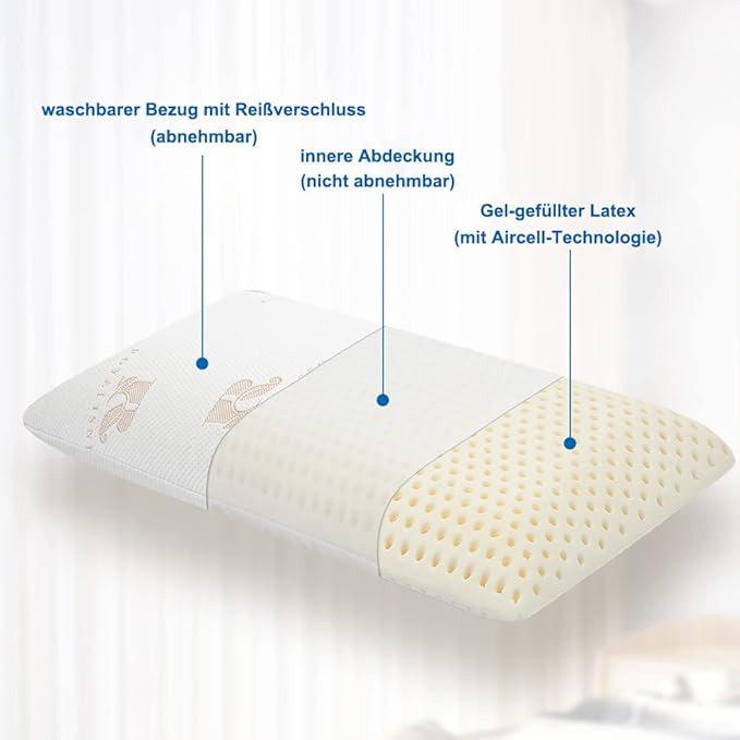 Royalisneeo 100% Talalay Latex Pillow, Medium Soft, Foam Rubber Pillow Helps Relieve Pressure,Perfect Package with Cotton Cover for Back, Stomach and Side Sleepers（Queen）