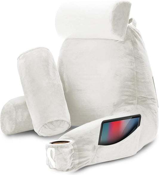 Nestl Reading Pillow Large Bed Pillow, Back Pillow for Sitting in Bed Shredded Memory Foam Chair Pillow, Reading & Bed Rest Pillows White Back Pillow for Bed, Bed Chair Arm Pillow with Pockets