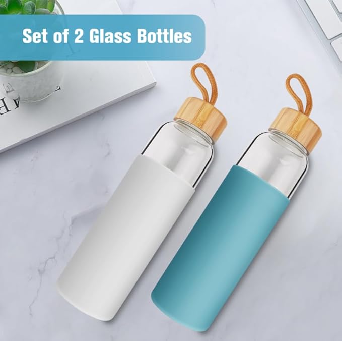Lily's Home Glass Water Bottles Set of 2 - Glass Water Bottle Set. 18 oz Glass Bottles with Lids (Bamboo, Leakproof Seal), BPA Free, Silicone Sleeves to Avoid Drops & Bumps and Snags Tabletops