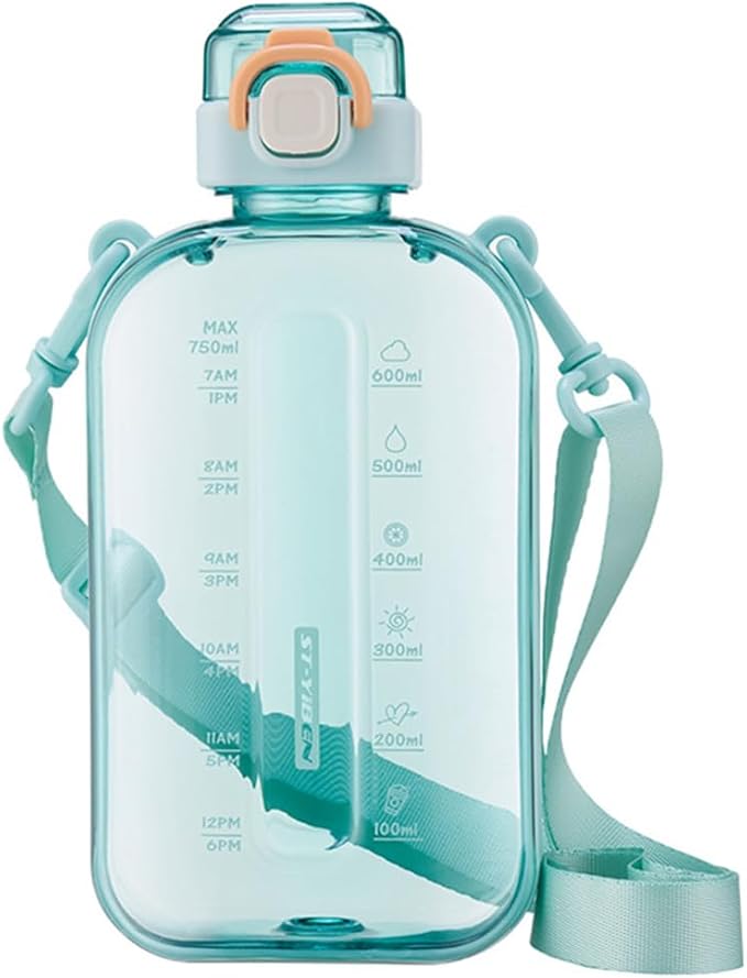 750ML Square Transparent Water Bottle, Cute Sports Water Jug with Adjustable Strap, Portable Motivational Water Bolttles for Travel, Hiking and Outdoor Workouts