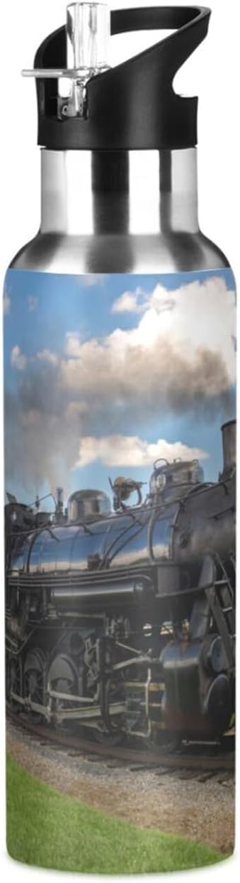 Vintage Steam Train Stainless Steel Water Bottle with Straw Lid - 20 Oz Sports Insulated Water Bottle Thermos for Sport Gym Outdoor Travel School (B-000)