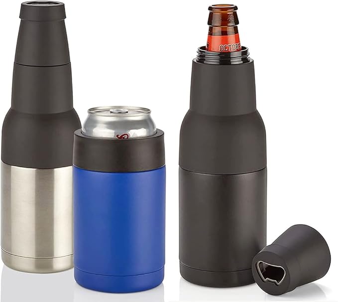 3 in 1 Beer Bottle and Can Cooler, Vacuum Insulated Double Walled Stainless Steel Cooler with Beer Opener, 12 oz Slim Can Insulator Holder (Dark blue)