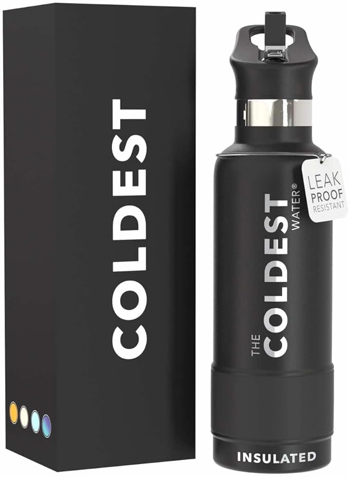 Coldest Water Bottle with Standard Mouth Straw Lid Metal Thermos Vacuum Insulated Stainless Steel l Reusable Leak Proof Cupholder Flask (21 oz, Stealth Black)