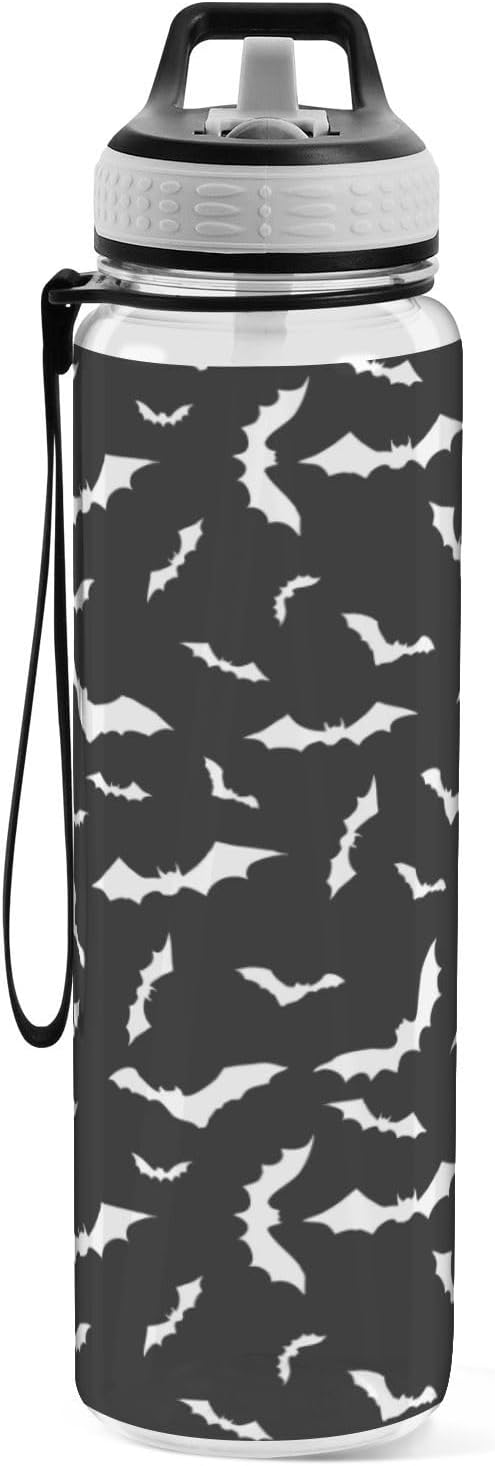 Bat Water Bottle with Straw Halloween Sports Bottles BPA-Free Tritan Water Jug with Carrying Strap for Women Men Gym