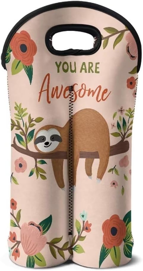 doginthehole Cute Sloth 2 Bottle Wine Carrier Tote Wine Bottle Insulated Sleeve for 750ML Portable Neoprene Wine Tote Holders Travel Picnic Party Champagne Carrier Bag with Handle